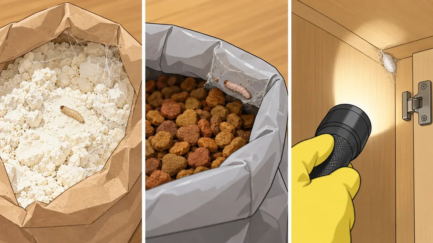 Three panels: flour clumped with silky webbing, a pale caterpillar in the folded top of a pet food bag, and a small silk cocoon in the upper corner of a kitchen cabinet