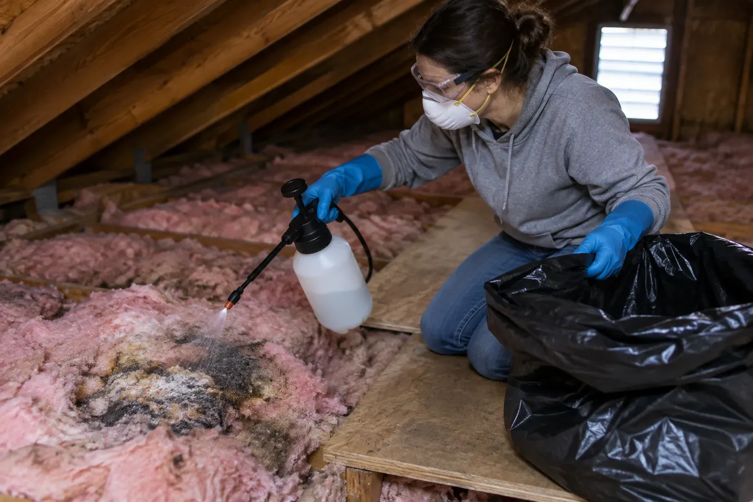 A person in a dust mask, safety glasses and gloves sprays disinfectant on a soiled patch of attic insulation, with a trash bag open beside them