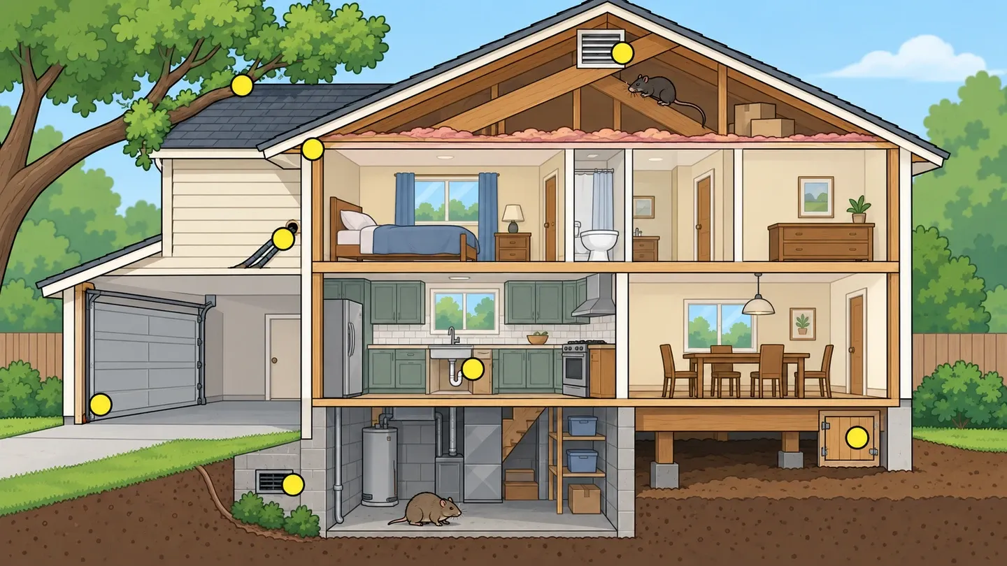 Cutaway of a house marking rat entry points from the roofline and vents down to the foundation, garage door and pipes