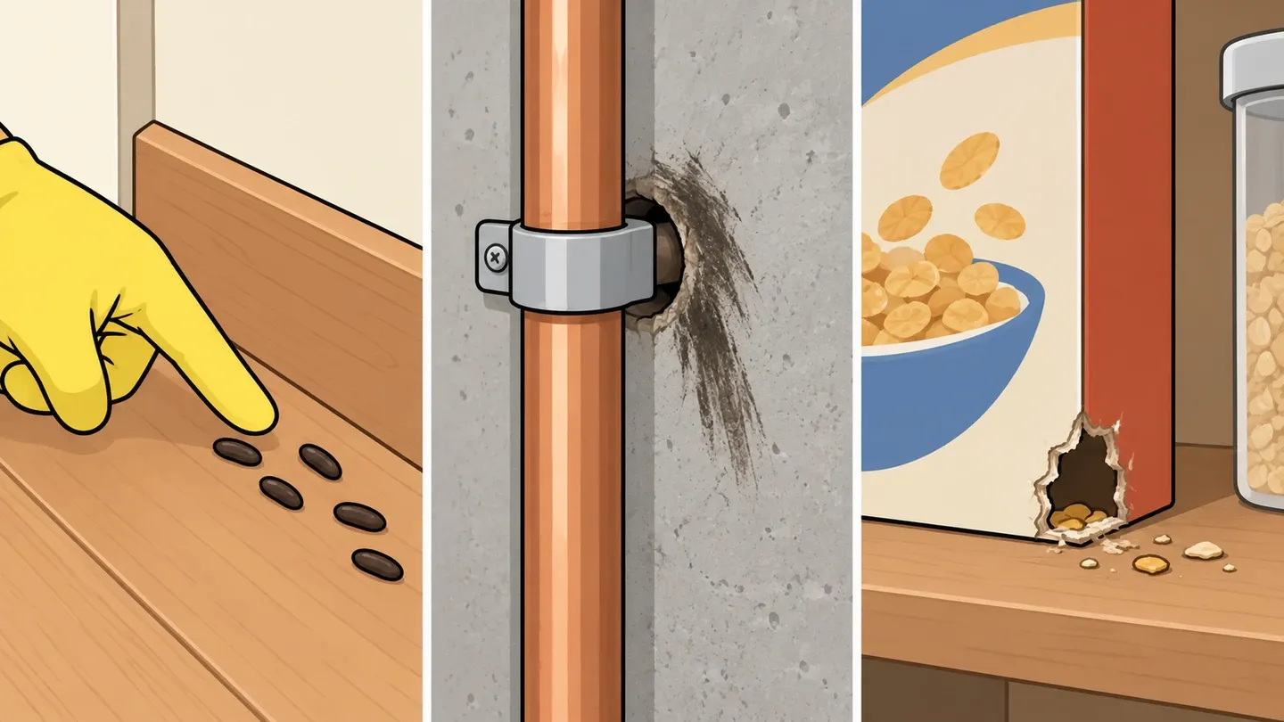 Three panels: dark droppings along a baseboard, a greasy rub mark by a pipe hole, and a gnawed cereal box