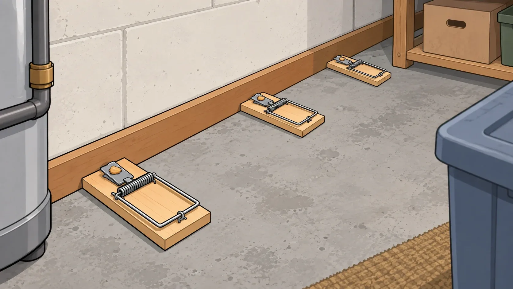 Illustration of three generic wooden rat snap traps set trigger-end beside a basement baseboard, with their long sides perpendicular to the wall