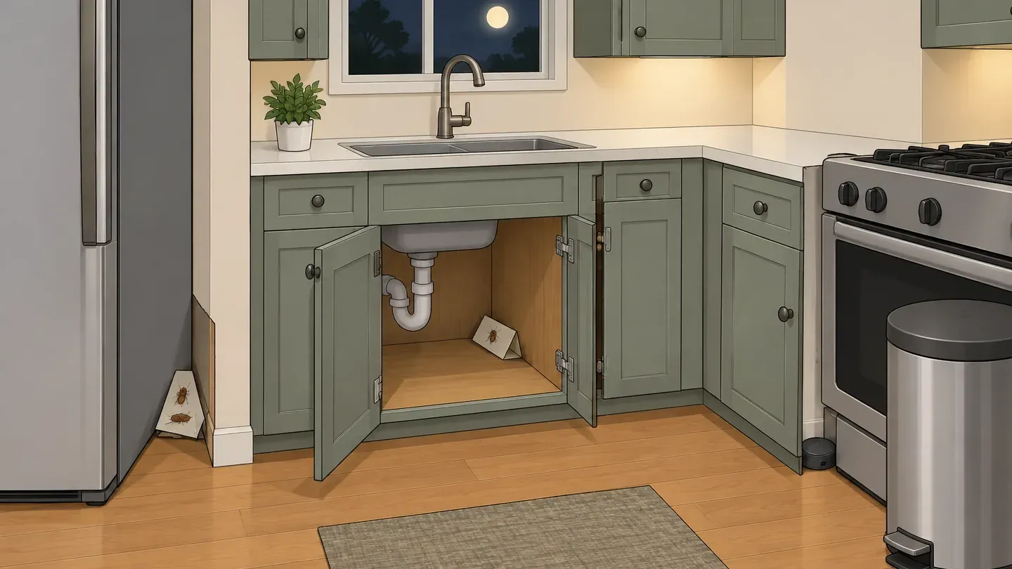 A kitchen cutaway with sticky traps behind the fridge and under the sink, and small bait dots in cabinet hinge gaps