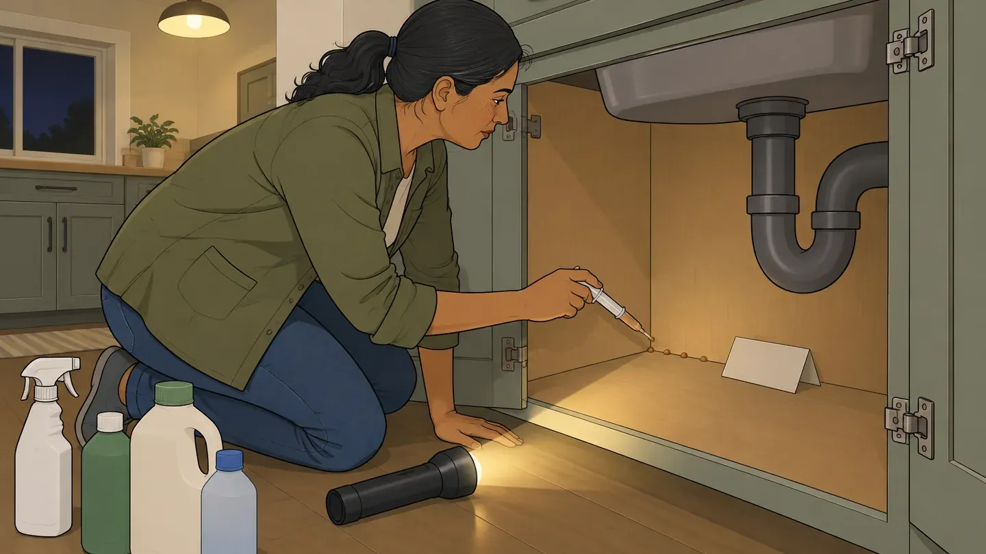 A woman in an olive jacket kneels at an open under-sink cabinet and dabs gel bait into the corner