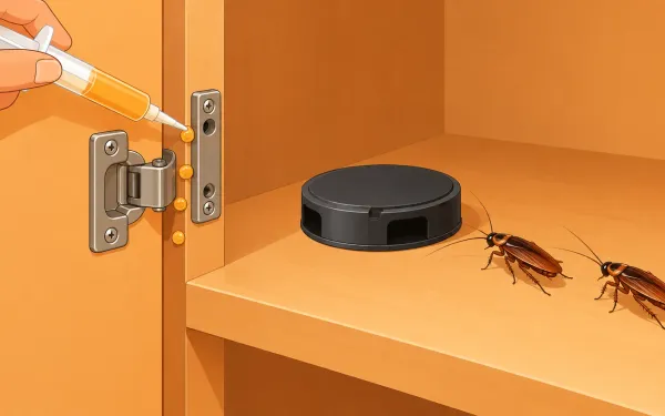 Illustration: close-up of a gel bait syringe placing small dots of gel along a cabinet hinge, a round bait station on the shelf, two cockroaches approaching.