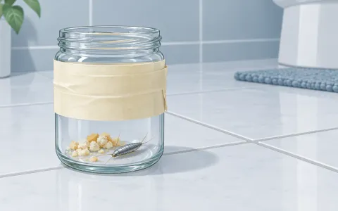 Illustration: small glass jar wrapped in masking tape on the outside, with a pinch of bread crumbs inside and a silvery teardrop-shaped silverfish at the bottom, on a bathroom tile floor.