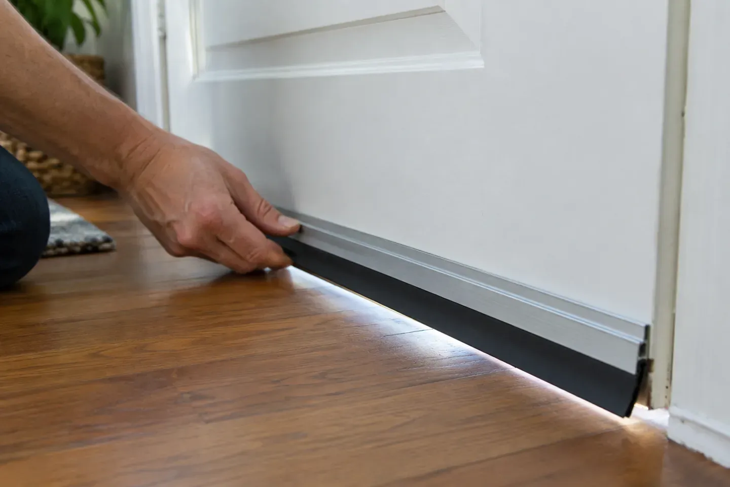 A hand pressing a new aluminum door sweep onto the bottom edge of a white exterior door