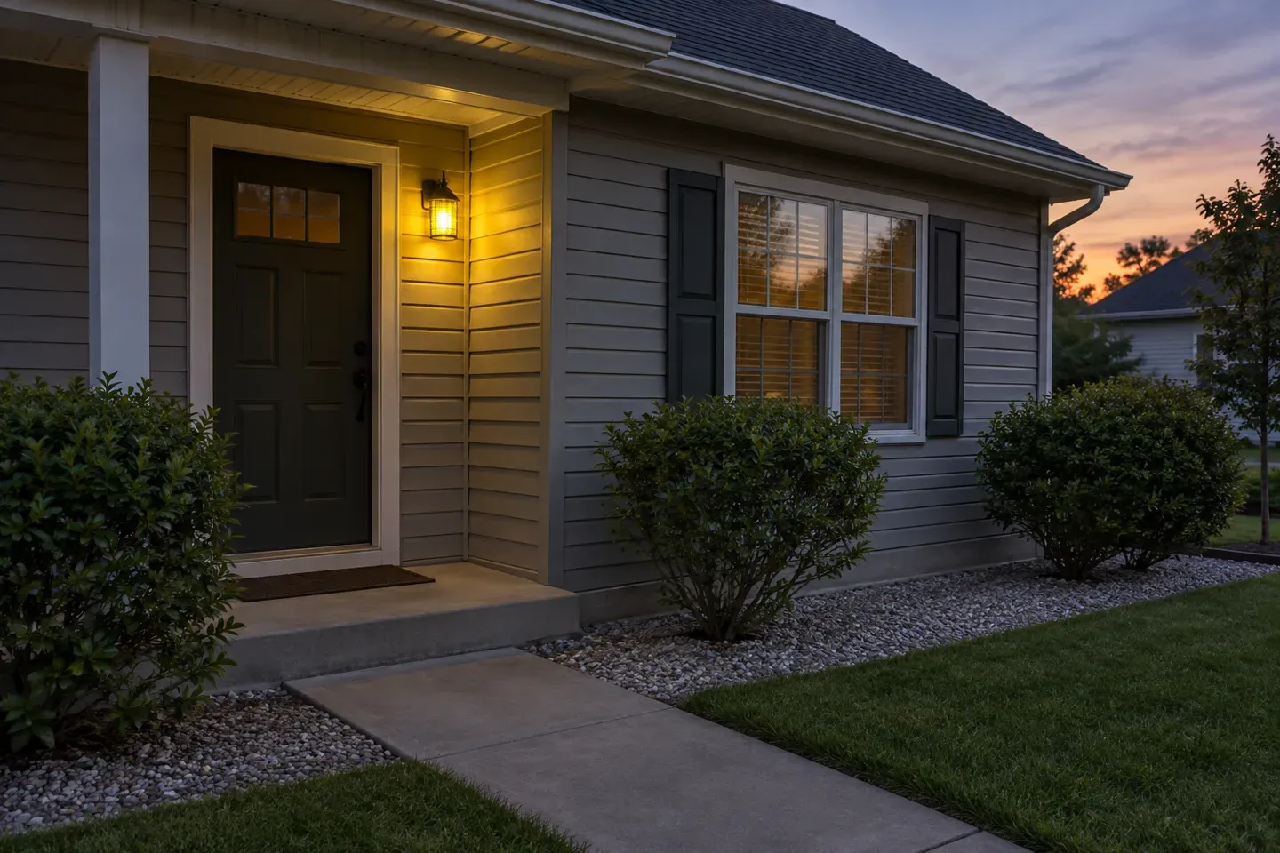 A porch with a yellow bug light glowing over the front door at dusk and a clear strip of gravel along the foundation