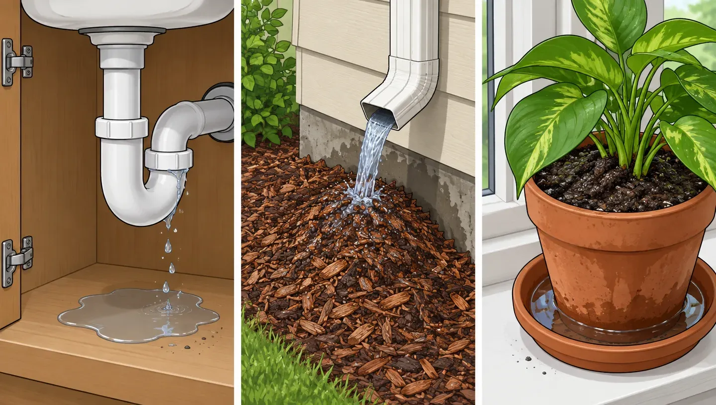 Three panels: a dripping pipe joint under a bathroom sink, a downspout pouring water beside a foundation buried in mulch, and a houseplant with water standing in its saucer