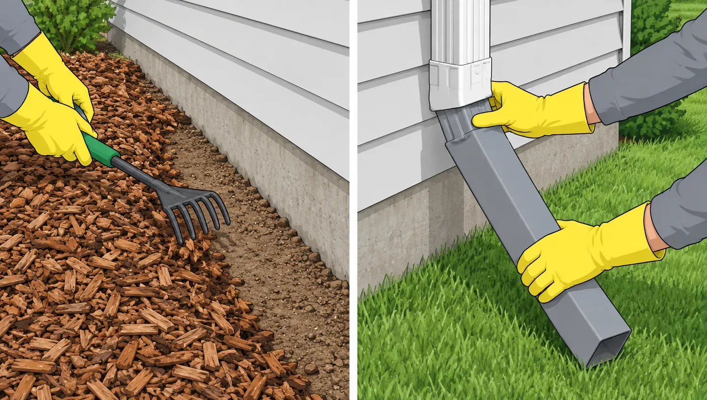 Two panels: gloved hands raking mulch back from a house foundation, and gloved hands attaching an extension to a downspout so water drains away from the wall