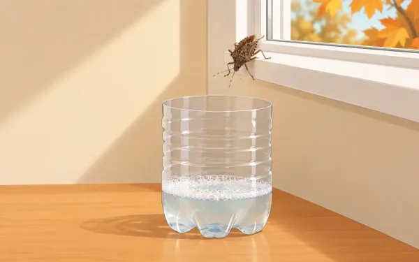 Illustration: cut-off clear plastic bottle holding an inch of soapy water, one brown marmorated stink bug about to drop in from a white window sill above it, autumn leaves visible through the glass.