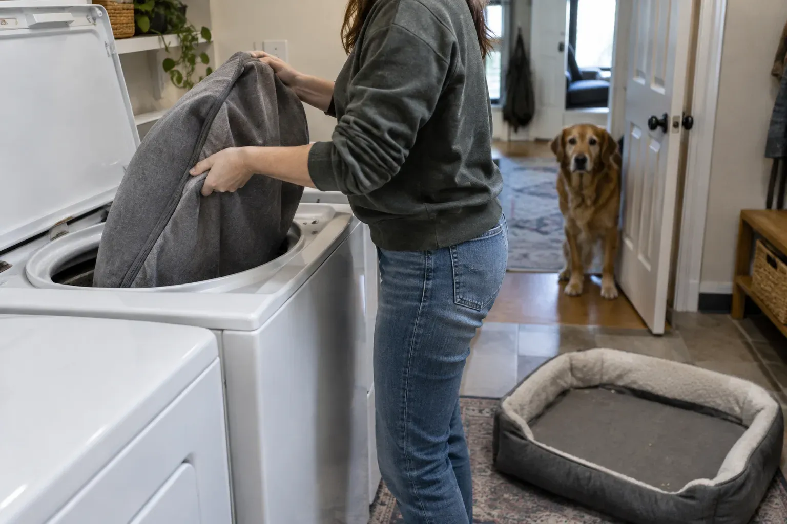 A person loads a dog bed cover into a washing machine while a golden retriever watches from the doorway