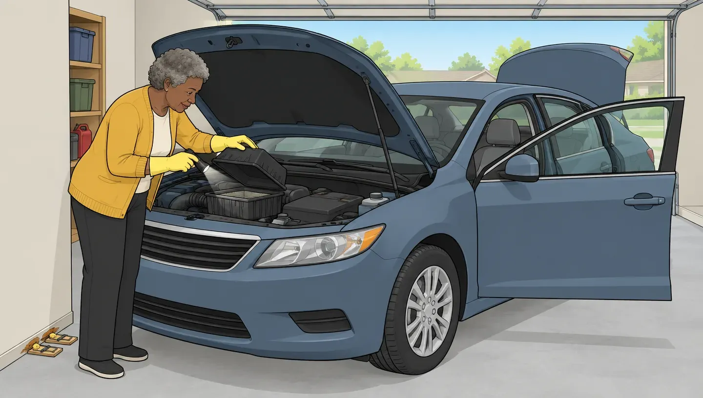 A woman in rubber gloves checks her car's engine air filter box in a garage, hood and doors open, snap traps beside the tires