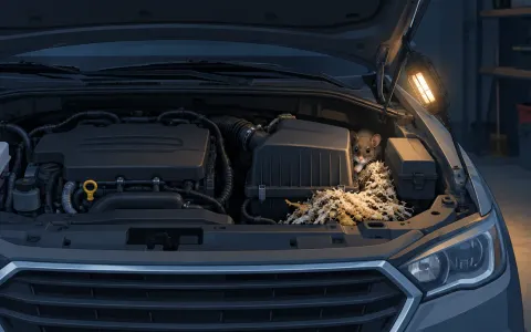 Illustration: open car hood seen from the front in a dim garage, revealing an engine bay with a small nest of shredded insulation near the air filter box and a mouse peeking out from behind it.