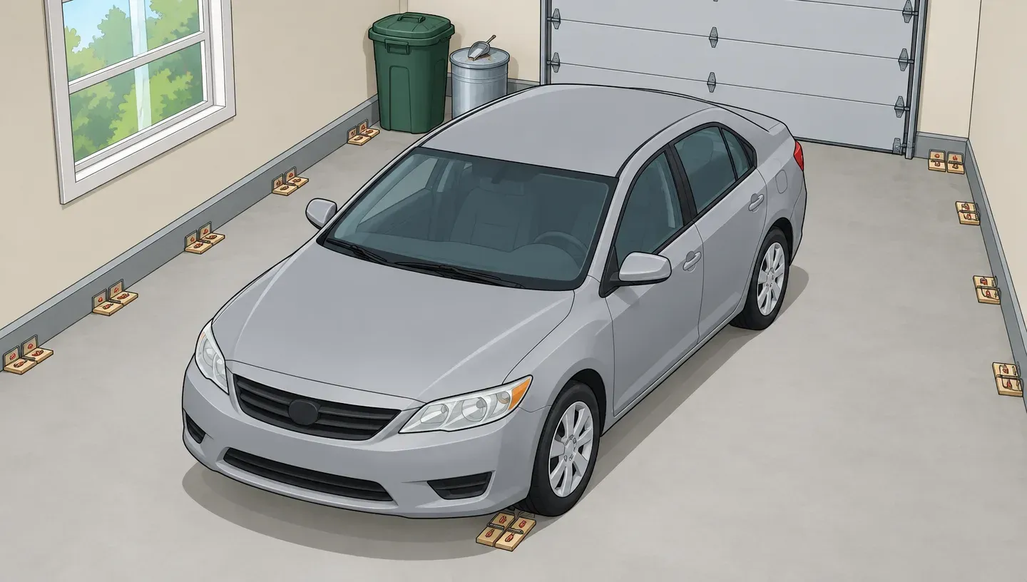 Pairs of snap traps along a garage wall near a parked car's tires, with a lidded trash can and birdseed in a metal bin