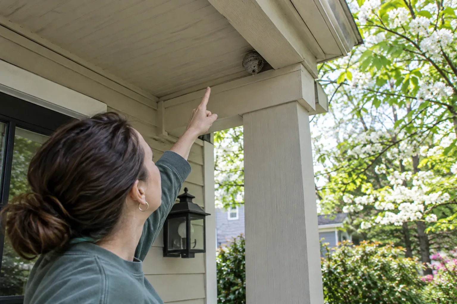 A homeowner on the ground points up at a tiny new wasp nest tucked in the corner of a porch eave on a spring morning