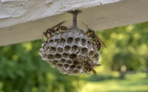 A small gray paper wasp nest with open hexagonal cells hanging by a short stalk under a white eave, with three paper wasps on the comb.