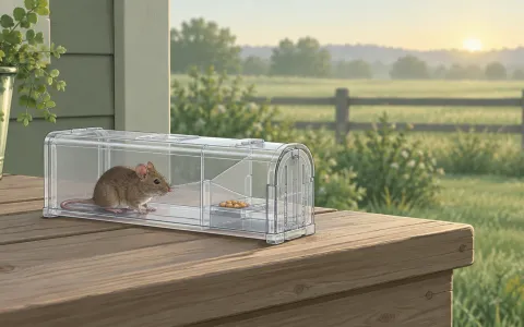 Illustration: clear plastic multi-catch live mouse trap with one small mouse inside, sitting on a wooden back-porch step at early morning, a field and fence softly blurred behind.