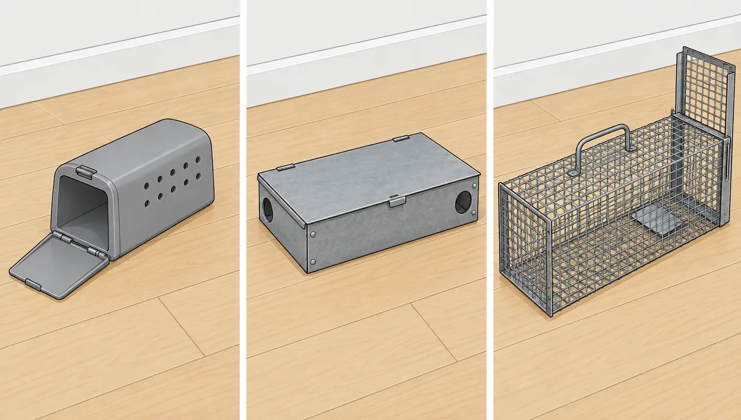 Three unbranded humane mouse traps: a covered plastic tunnel trap, a metal multiple-catch box and a wire cage rat trap
