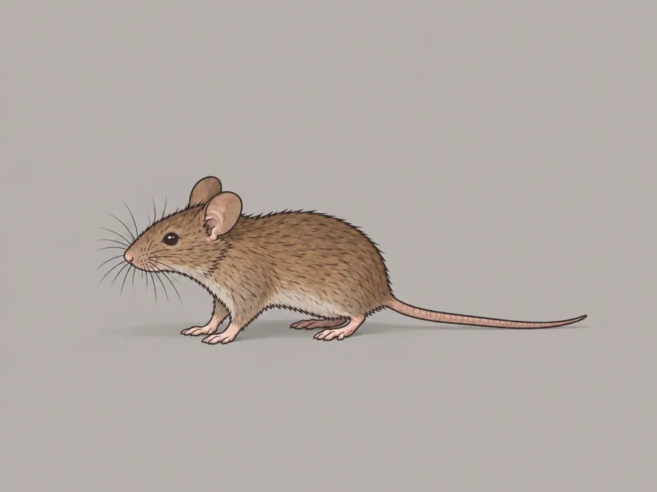A house mouse, side view, on a plain gray background