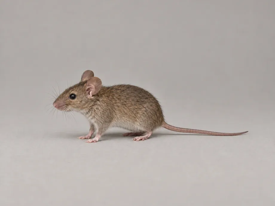 A house mouse, side view, on a plain gray background