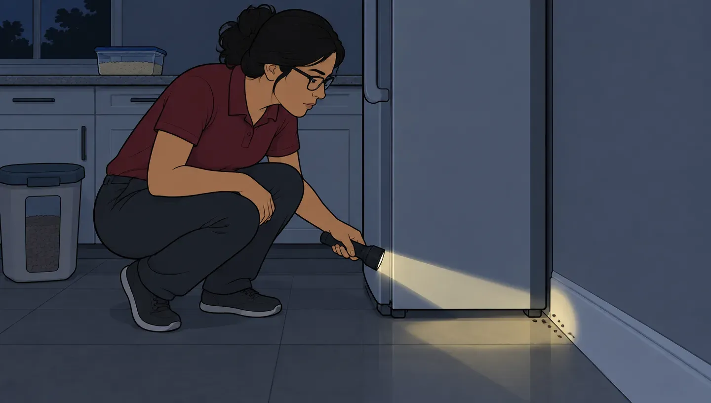 After seeing one mouse, a young woman in glasses and a maroon polo shines a flashlight along the kitchen baseboard beside the refrigerator