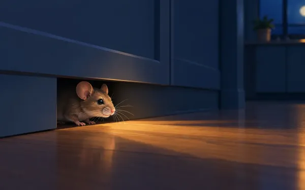 Illustration: single house mouse peeking out from a small gap under a kitchen baseboard at night, whiskers lit by a soft beam of light from the room.