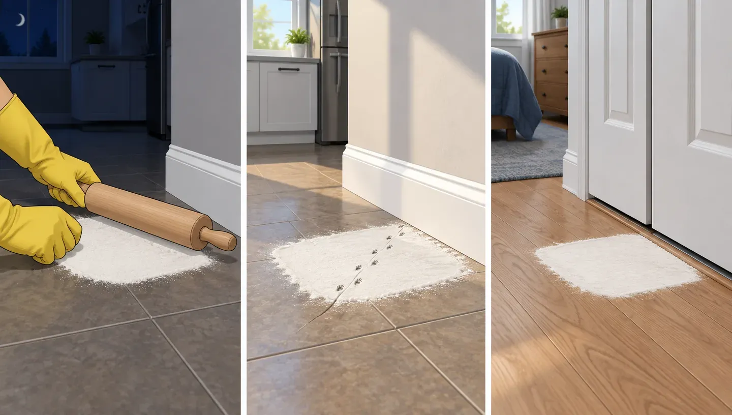 Three panels: gloved hands smooth a thin patch of flour along a kitchen baseboard; the next morning one patch shows tiny mouse footprints and a tail drag; a second patch in another room is untouched