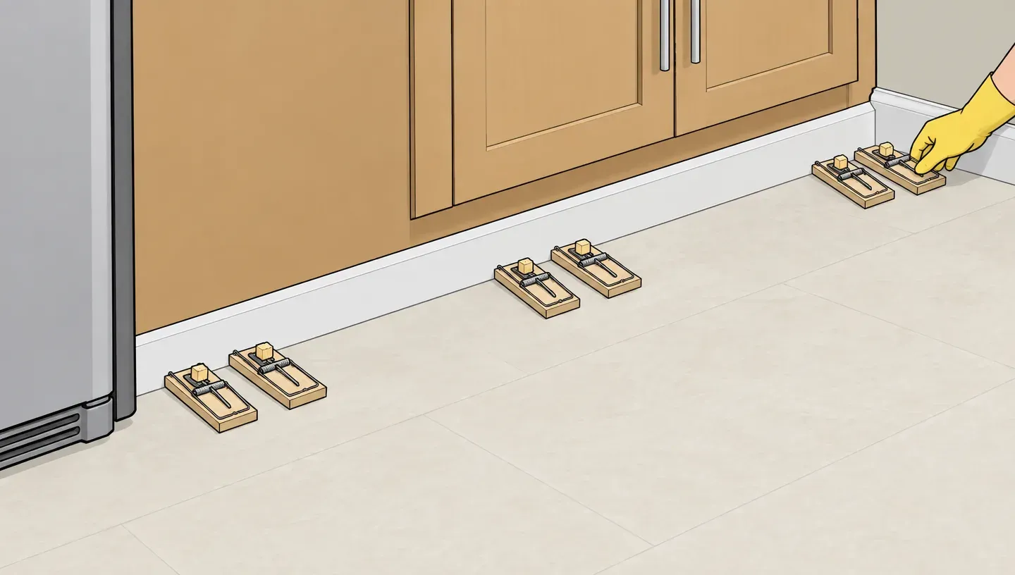 Gloved hands set pairs of small wooden snap traps along a kitchen wall at even intervals, baited ends touching the baseboard, one pair beside the refrigerator and one under the counter