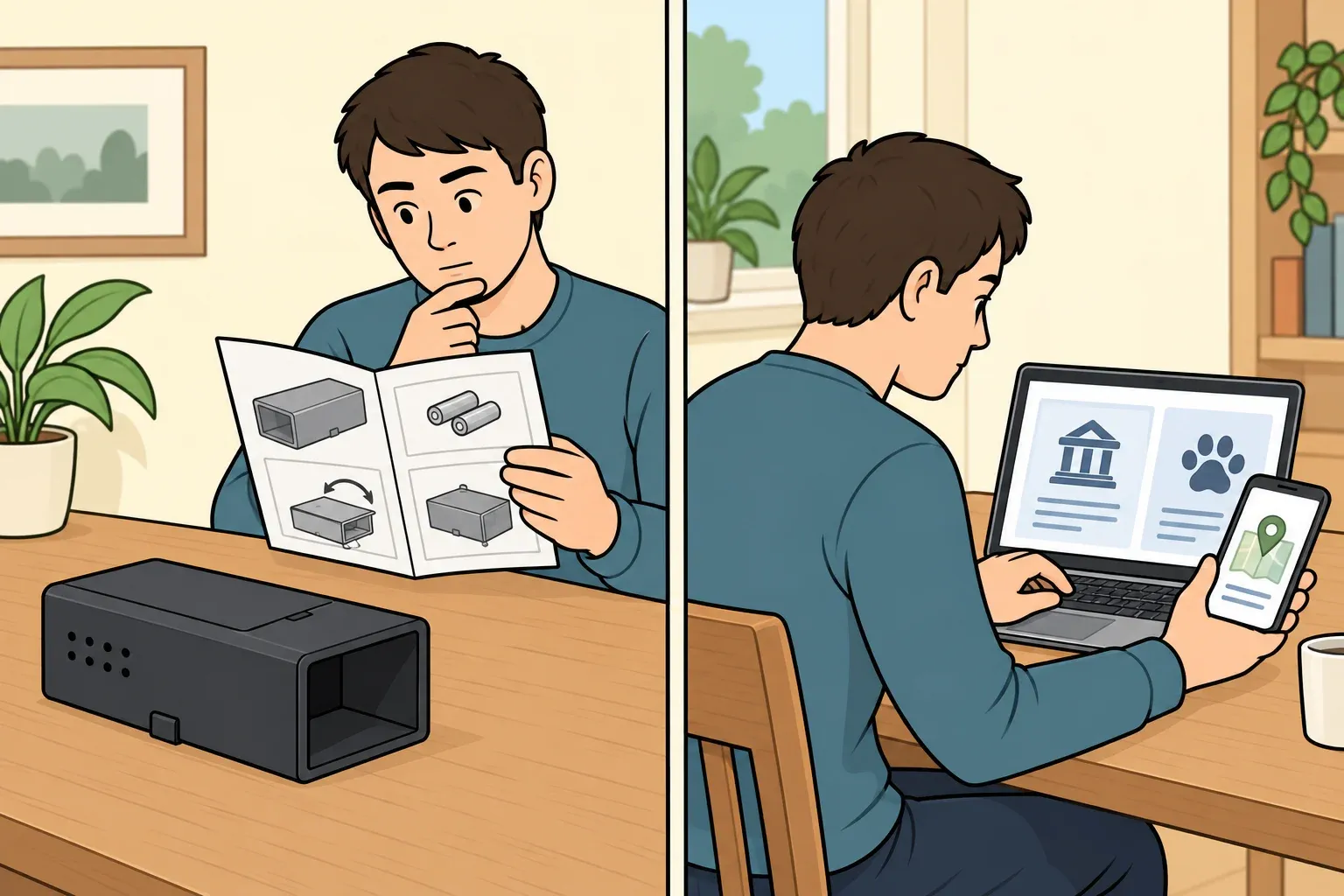 Two-panel illustration of a homeowner reviewing live-trap instructions and checking local public-health guidance before deciding