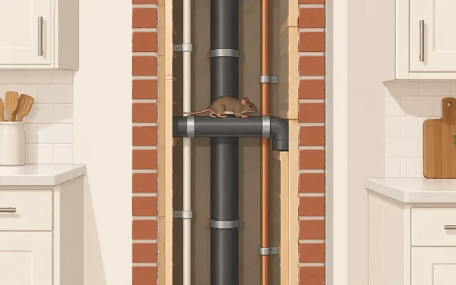 Illustration: cutaway of an apartment building wall between two units, showing a mouse traveling along a pipe chase behind the kitchen cabinets from one apartment to the next.