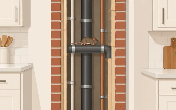 Illustration: cutaway of an apartment building wall between two units, showing a mouse traveling along a pipe chase behind the kitchen cabinets from one apartment to the next.