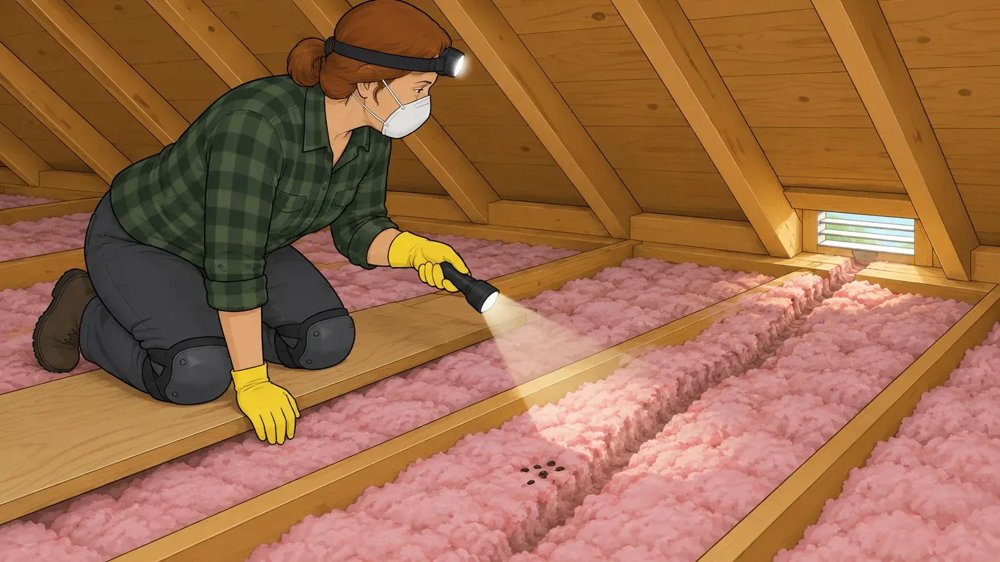 A woman wearing a headlamp, dust mask and yellow gloves kneels on a plank across the attic joists, shining a flashlight on a trail through the insulation near the eaves