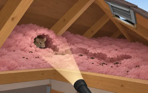 Illustration: attic cutaway: rafters, pink insulation with tunnels and droppings, a mouse peeking from the insulation, a roof vent with a gap, a flashlight beam from the hatch.