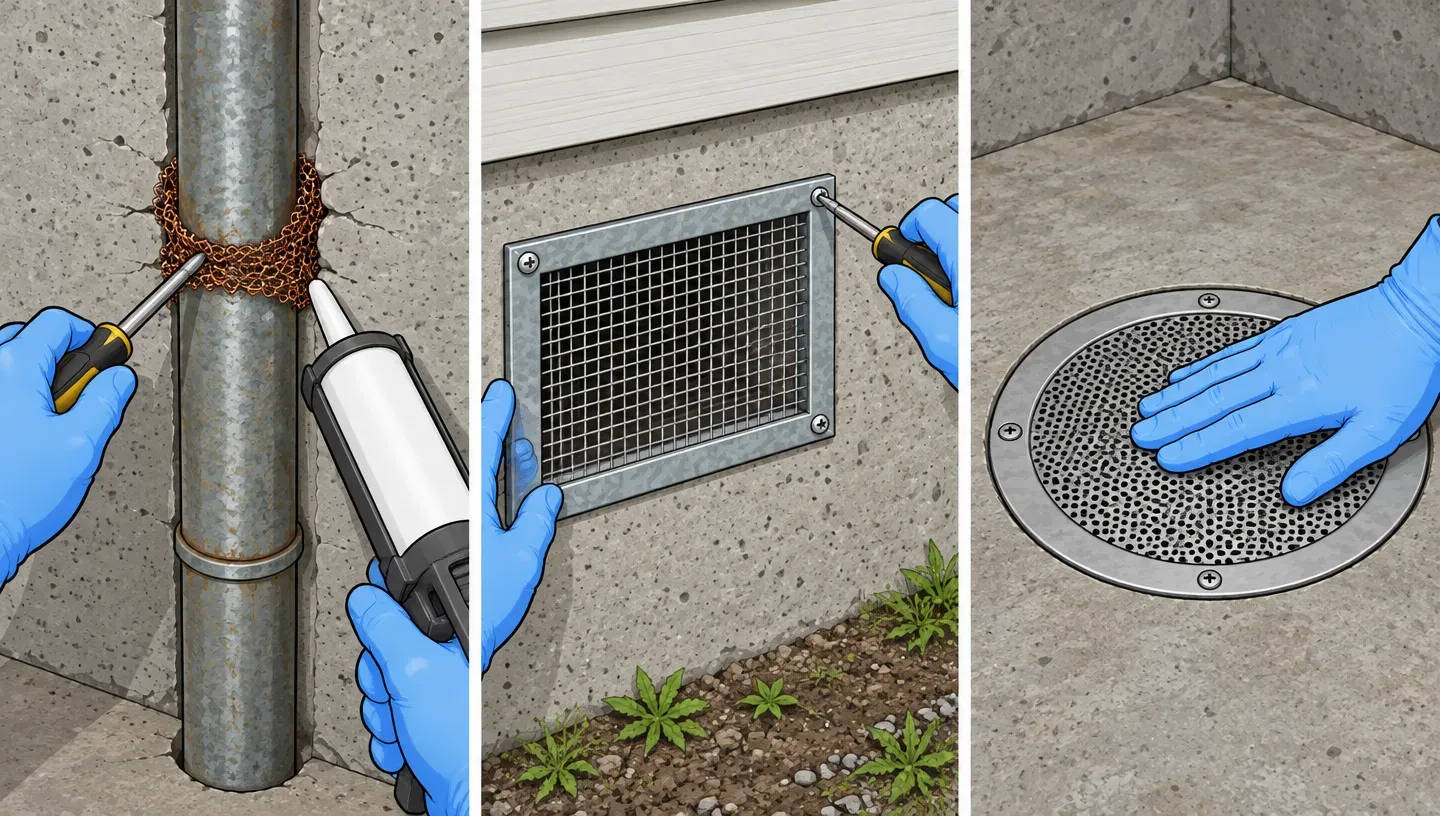Gloved hands pack copper mesh around a pipe, screen a crawl space vent and fit a floor drain grate