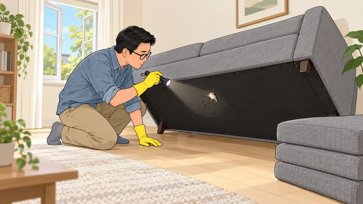 A man in yellow rubber gloves checks for mice in the couch, shining a flashlight on the underside of a sofa tipped back against a wall, where shredded stuffing pokes through a small hole in the bottom fabric