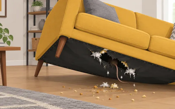 Illustration: living room couch tipped forward to show its torn black underside fabric with shredded stuffing, a mouse tail disappearing inside, crumbs on the floor.