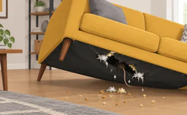 Illustration: living room couch tipped forward to show its torn black underside fabric with shredded stuffing, a mouse tail disappearing inside, crumbs on the floor.