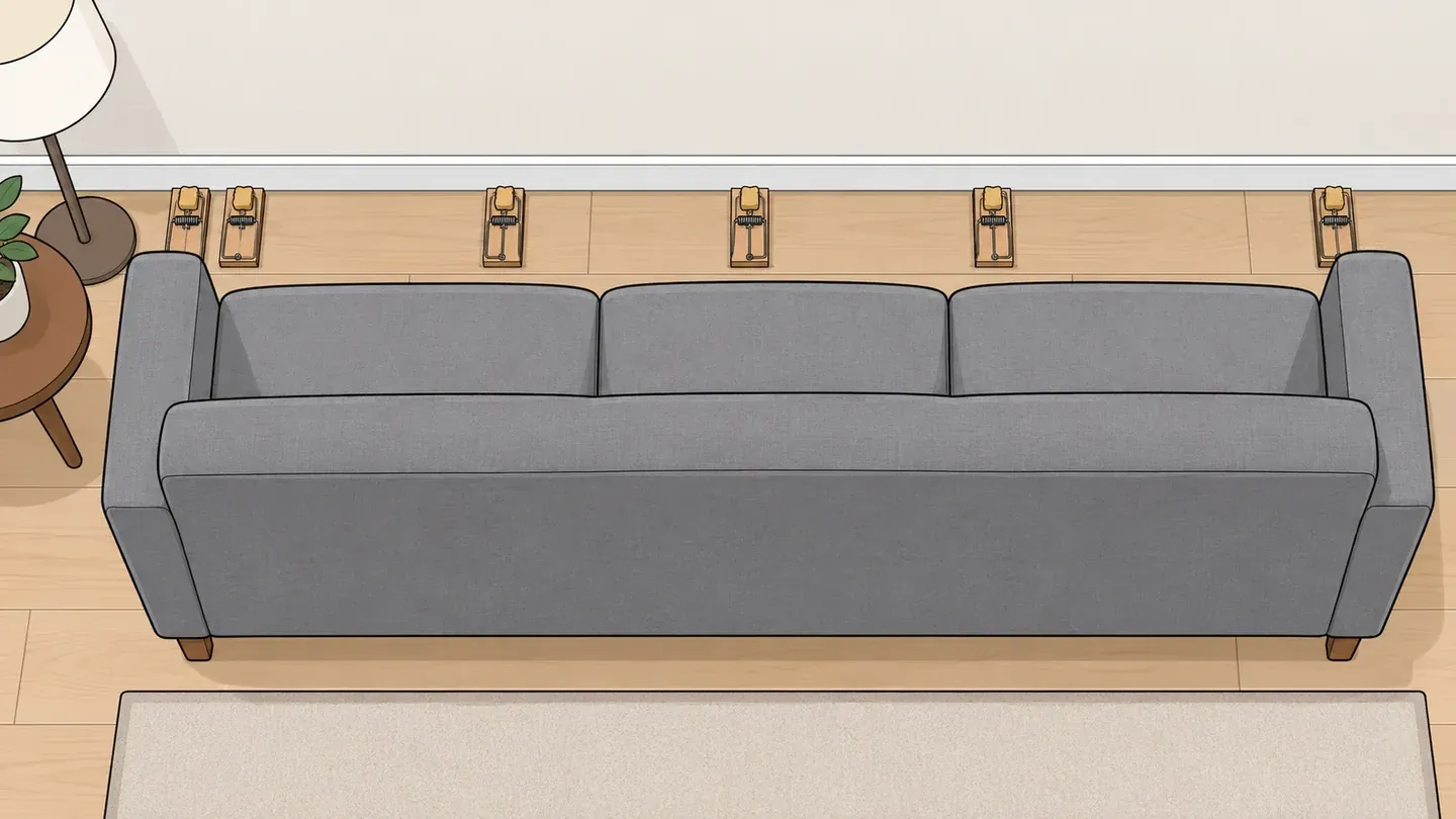 A sofa pulled a few inches from the wall, seen from above, with snap traps along the baseboard behind it and at each end, baited ends touching the wall