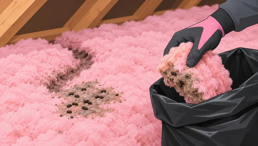 Soiled attic insulation being bagged by a gloved hand