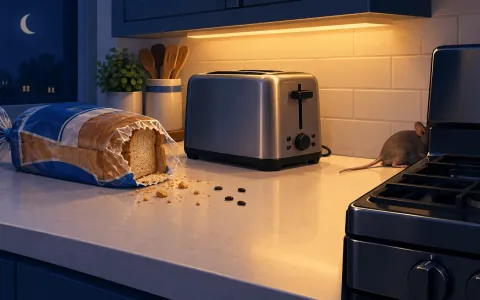 Illustration: kitchen counter at night with a bread bag chewed open at one corner, crumbs and a few droppings beside a toaster, a mouse slipping behind the stove.