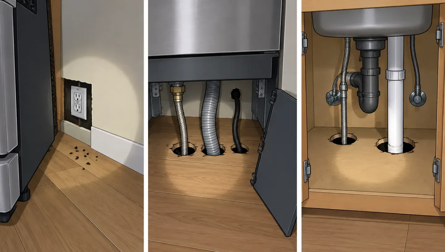 Three panels: the floor behind a pulled-out stove, a dishwasher with its toe-kick panel off, and pipes under a kitchen sink