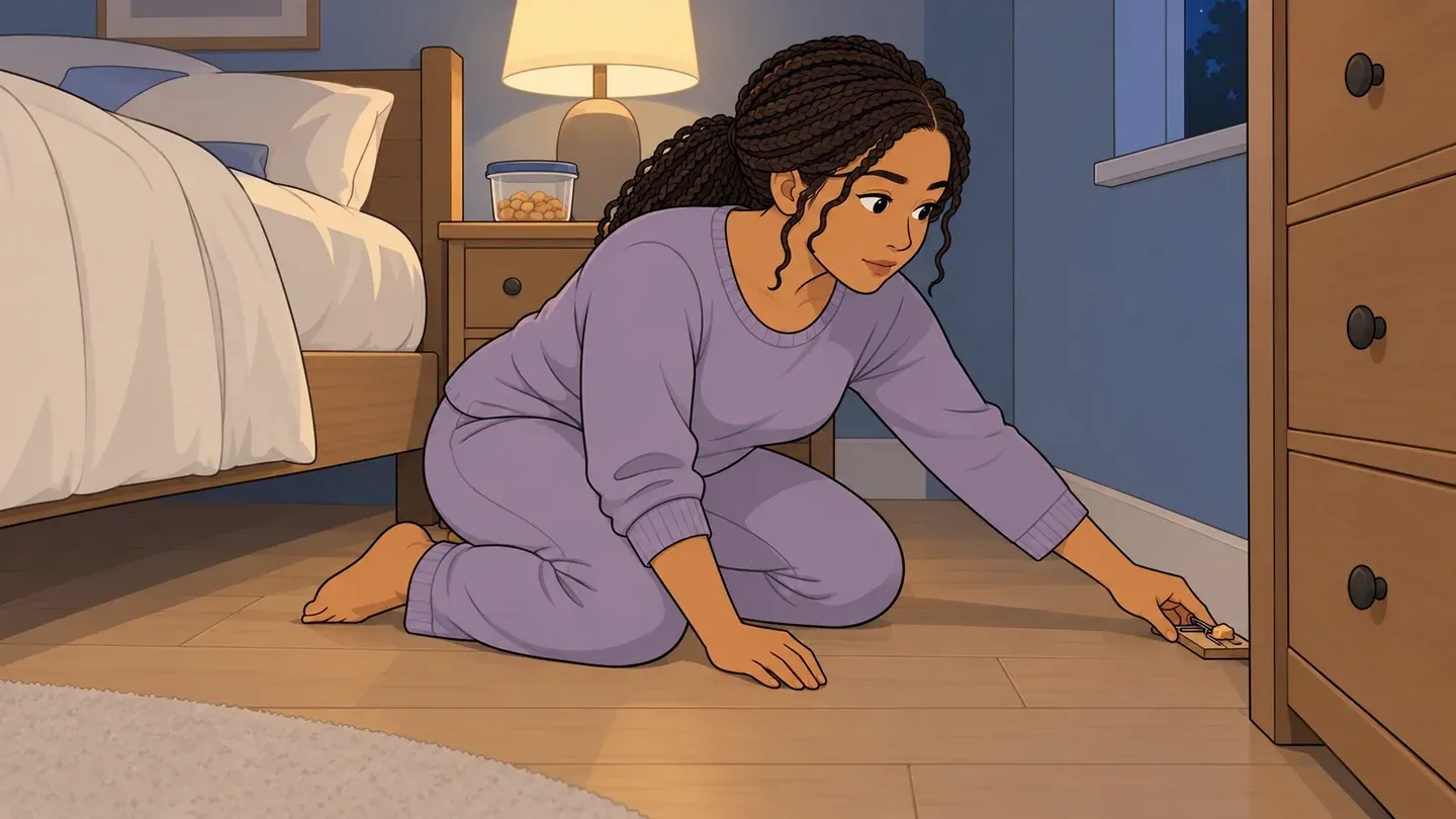 A woman in pajamas sets a snap trap behind a dresser for a mouse in the bedroom, the bed pulled off the wall