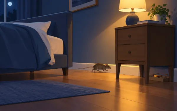 Illustration: bedroom at night with a bed pulled away from the wall, bedding off the floor, a mouse running along the baseboard toward a snap trap set behind the nightstand, a warm lamp glow.