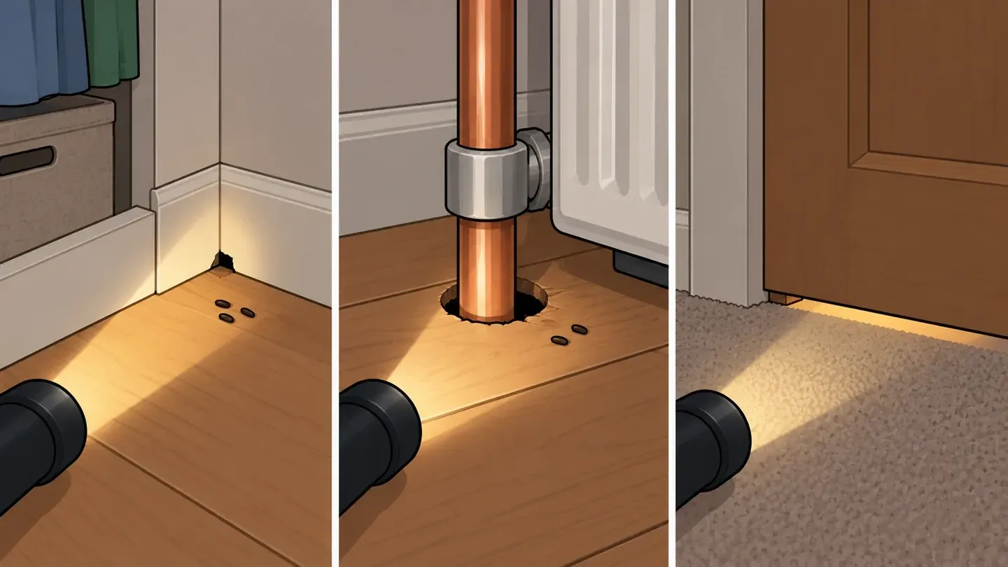 Three panels: a gap in a closet floor corner with droppings, a gap around a heating pipe beside a radiator, and light under a bedroom door