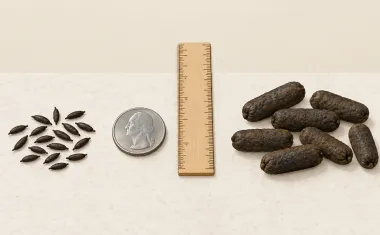 Illustration: clean side-by-side comparison on a light countertop: left, small rice-size mouse droppings with pointed ends; right, larger capsule-shaped rat droppings; a coin and a ruler between them for scale.
