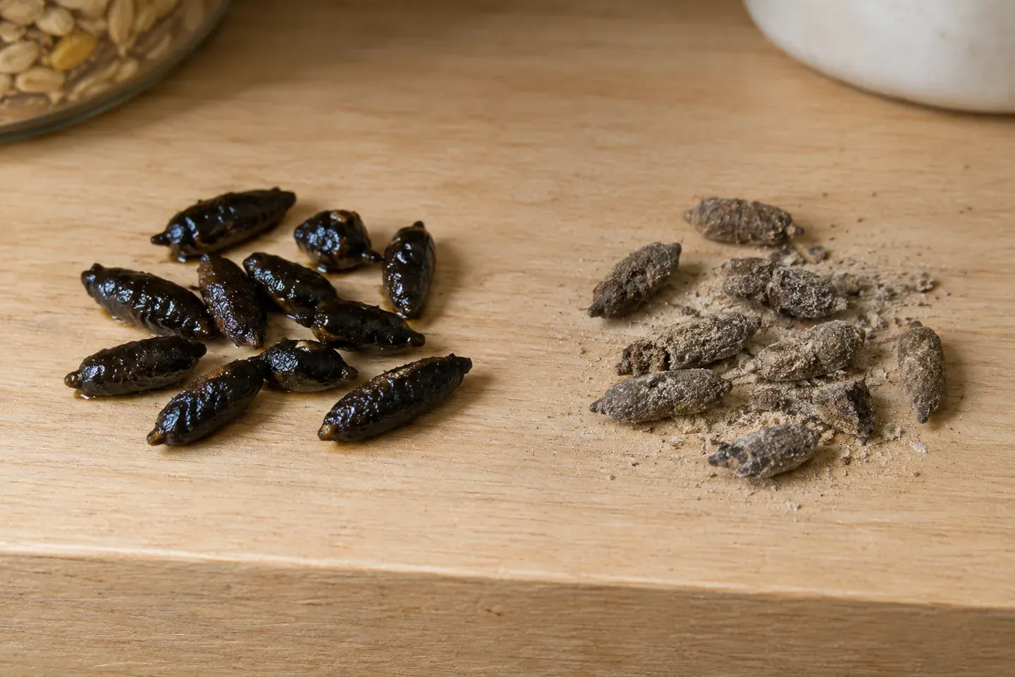 Dark, glossy fresh mouse droppings next to dull, gray, crumbling old droppings on a pantry shelf