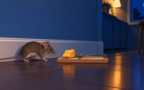 Illustration: kitchen floor at night seen low: a snap trap placed parallel to the wall with a big lump of cheese on it, and a mouse walking around it along the baseboard.
