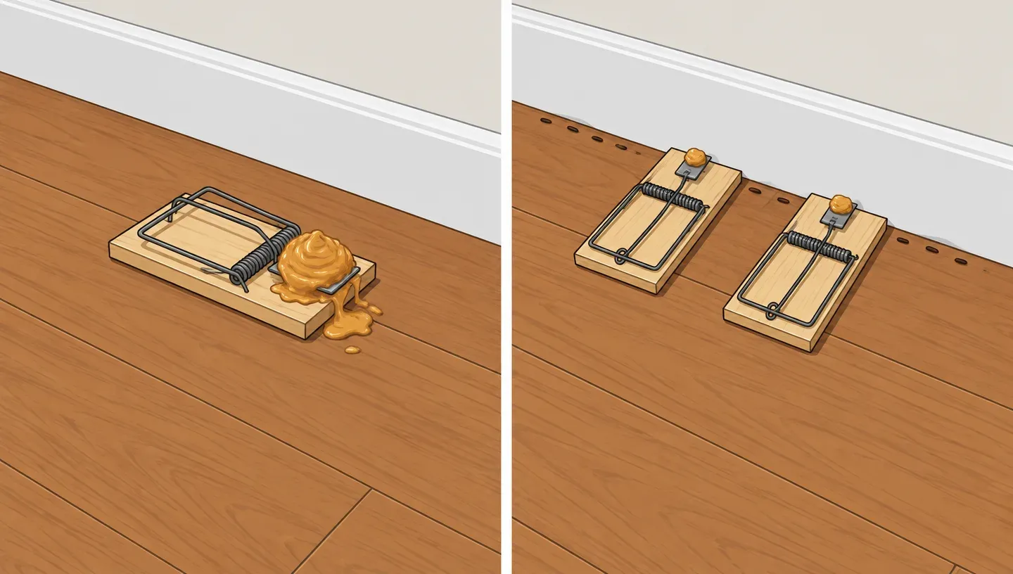 Mouse trap not working because of placement: one trap in the open with too much bait, next to a pair set against the wall