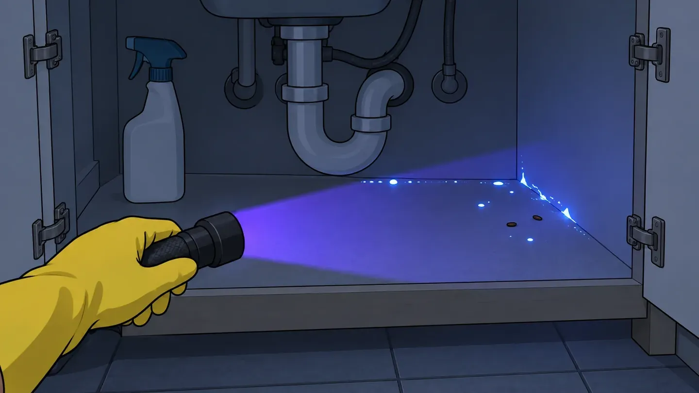 A hand in a yellow rubber glove shines a UV flashlight into an open under-sink cabinet, where small spots of mouse urine glow pale blue-white along the back edge