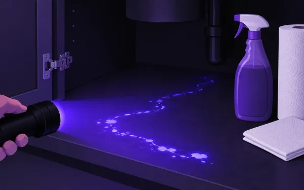 Illustration: uV flashlight beam making faint glowing urine trails visible on the floor of a dark cabinet, a spray bottle of enzyme cleaner and paper towels beside it.